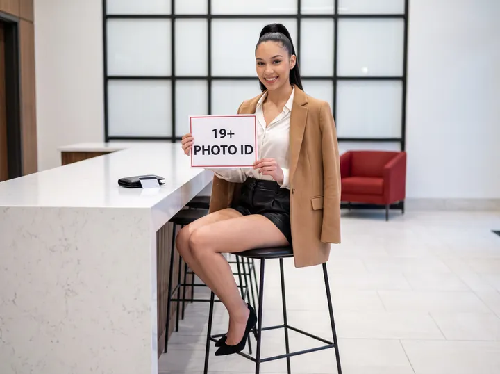 Generated image: the site character sits on a tall stool at a white stone counter in a bright lobby, holding a card that reads 19+ photo ID; a wallet with a plain card lies on the counter.