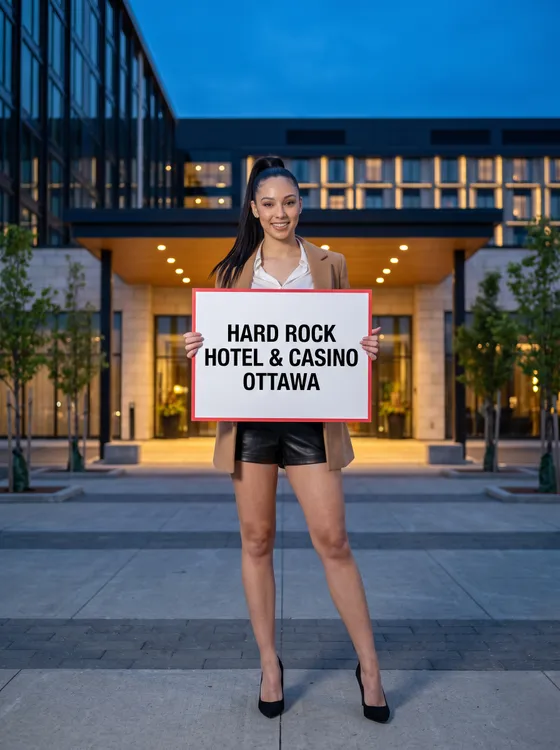 Generated image: the site character, a young woman with a high dark ponytail in a white blouse, black leather shorts and a camel blazer, stands in front of a modern resort entrance at blue hour holding a white board that reads Hard Rock Hotel & Casino Ottawa.