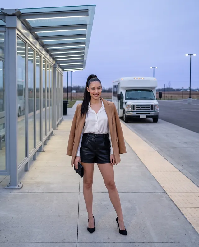 Generated image: the site character stands on the platform of a suburban transit station at dusk, with a glass shelter on one side and a white shuttle minibus waiting at the curb.